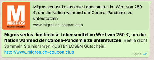 2020-04-16 WhatsApp Nachricht Kettenbrief Migros 250 Euro Gutschein