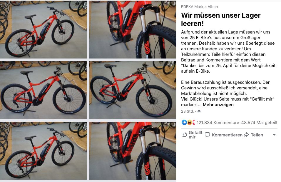 2020-04-21 Facebook Seite Edeka Markt Gewinnspiel 25 E-Bikes