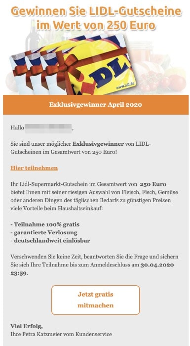 2020-04-26 Lidl Spam-Mail Gutscheine 250 Euro