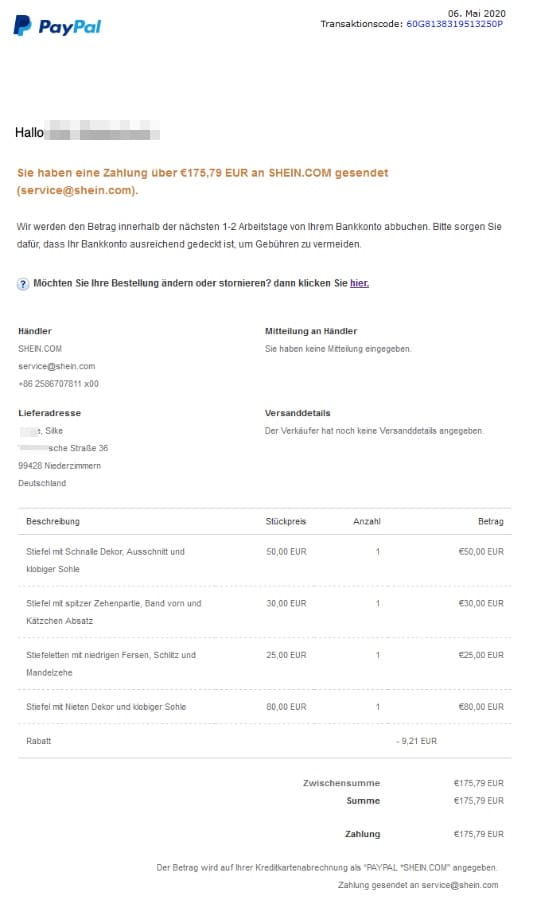 2020-05-06 PayPal Fake-Mail Phishing Bestellbestätigung
