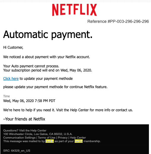 2020-05-07 Netflix Spam Fake-Mail Update About payment issued order placed