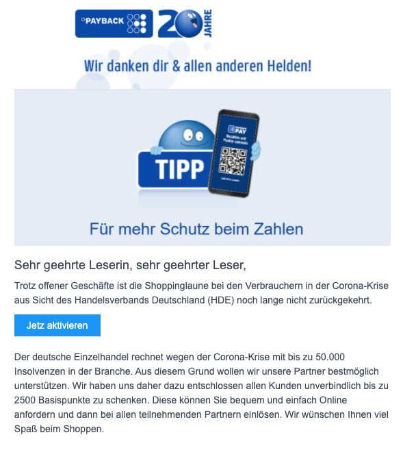 2020-05-25 Payback Fake-Mail Jetzt Profitieren mit der App Jetzt mobil und online mehrfach Punkte sammeln