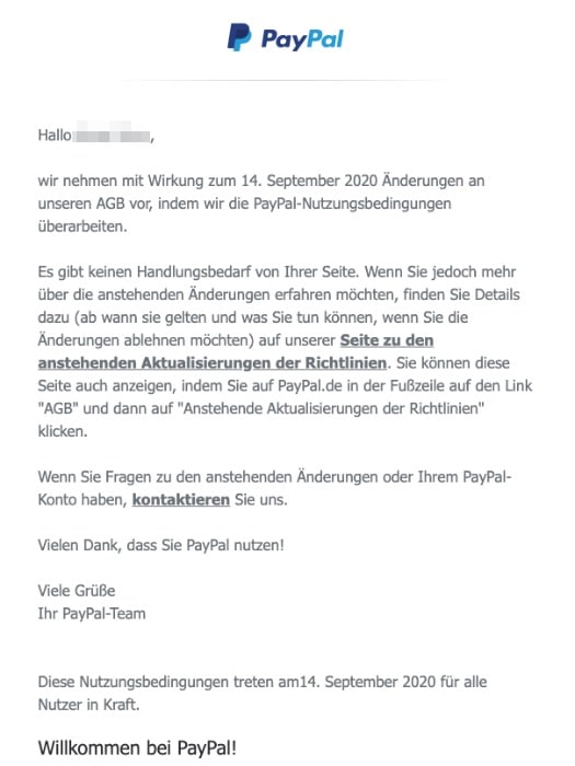 2020-07-06 PayPal E-Mail Anstehende Aenderungen der AGB von PayPal