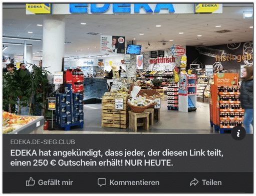 Facebook KEttenbrief Edeka 250 Euro Gutschein