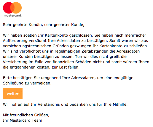 2020-05-01 Mastercard Fake-Mail Spam Ihr Konto wurde geschlossen