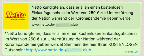 2020-05-02 Netto Kettenbrief WhatsApp 250 Euro Lebensmittel