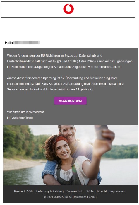 2020-05-05 Vodafone Spam Fake-Mail Bevorstehende Kündigung an - Bearbeitungsnummer