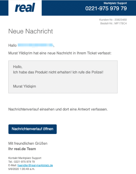 2020-05-06 Real Fake-Mail Spam Marktplatz Support - Murat Yildiqrim hat eine neue Nachricht in Ihrem Ticket verfasst