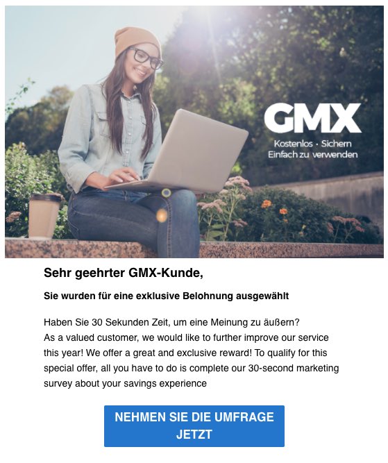 2020-05-11 GMX Spam Fake-Mail Holen Sie sich die Chance eine exklusive Belohnung zu gewinnen