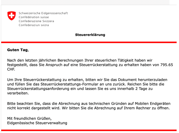 2020-05-13 Schweizerische Eidgenossenschaft Spam Fake-Mail Steuerrueckzahlung