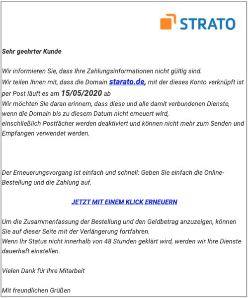 2020-05-15 Strato Fake-Mail Ihre Zahlung wurde nicht autorisiert