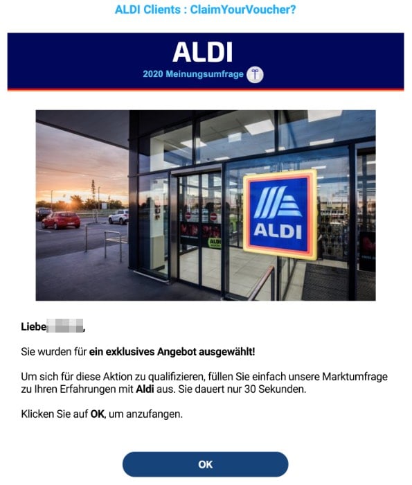 2020-05-19 Aldi Spam-Mail Fake Erhalten Sie ein exklusives Angebot von 50 EUR