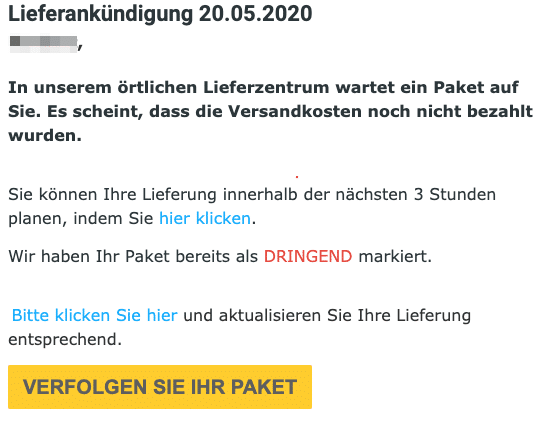 2020-05-20 DHL Spam Fake-Mail Ihr Paket wird heute an den Absender zurueckgesandt