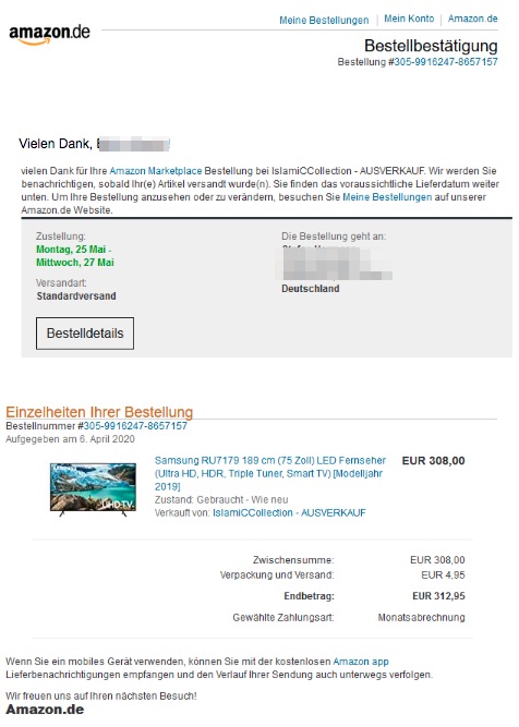 2020-05-23 Amazon Bestellbestaetigung Samsung Einkauf