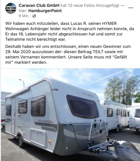 2020-05-24 Facebook Seite Fake-Gewinnspiel Caravan Club GmbH Hymer Wohnwagen