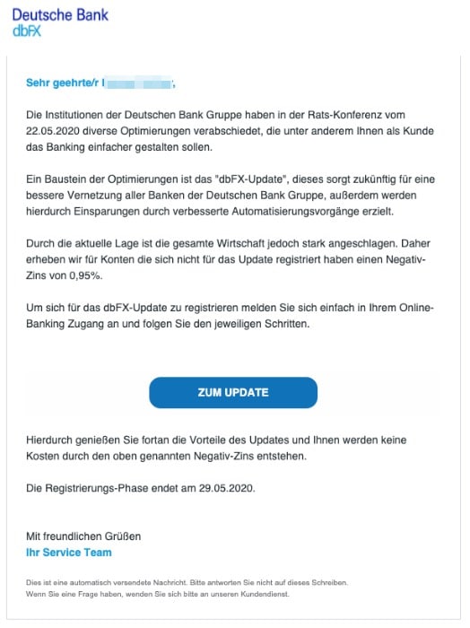 2020-05-25 Deutsche Bank Spam-Mail Fake dbFX-Update zu Ihrem Konto