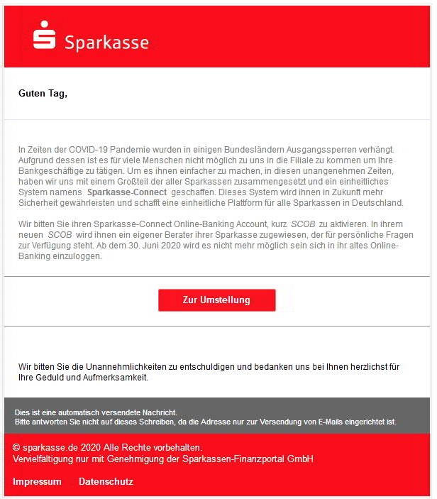 2020-05-25 Sparkasse Spam-Mail Wichtige Umstellung auf das neue Online Konto