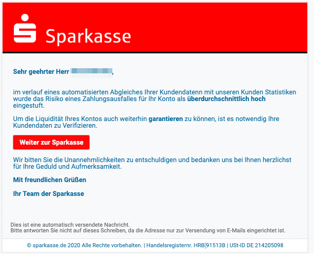 2020-05-27 Sparkasse Spam Fake-Mail Risiko eines Zahlungsausfalles