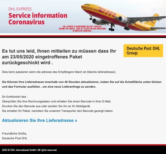 2020-05-28 Deutsche Post DHL Fake-Mail Paket DE497586134