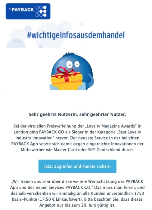 2020-06-19 Payback Spam Fake-Mail Unsere App erhaelt Auszeichnung