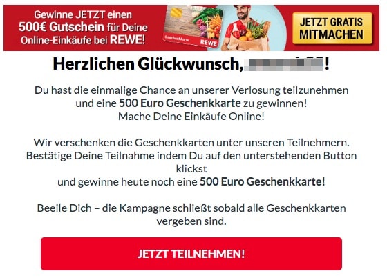 2020-06-21 REWE Spam Mail Gewinne jetzt einen Einkaufgutschein im Wert von 500Euro