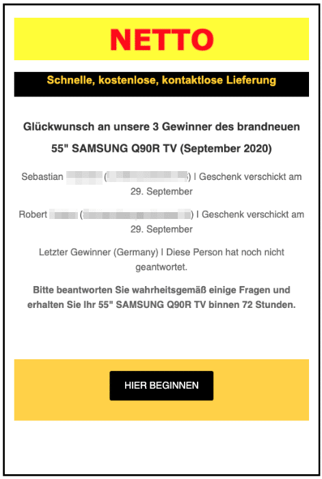 2020-10-05 Netto Spam-Mail Gewinner Samsung