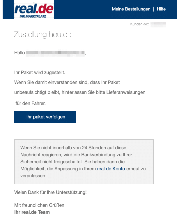 2020-10-27 real Spam-Mail Ihr Paket wird zugestellt