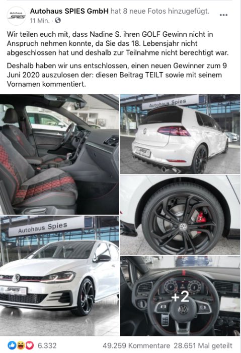 2020-06-04 Facebook Fake-Gewinnspiel Autohaus SPIES GmbH VW Golf