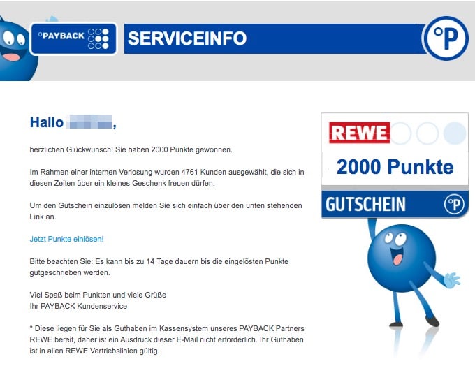 2020-06-21 Payback Spam Fake-Mail Geschenkt- Jetzt 2000 Punkte einfordern