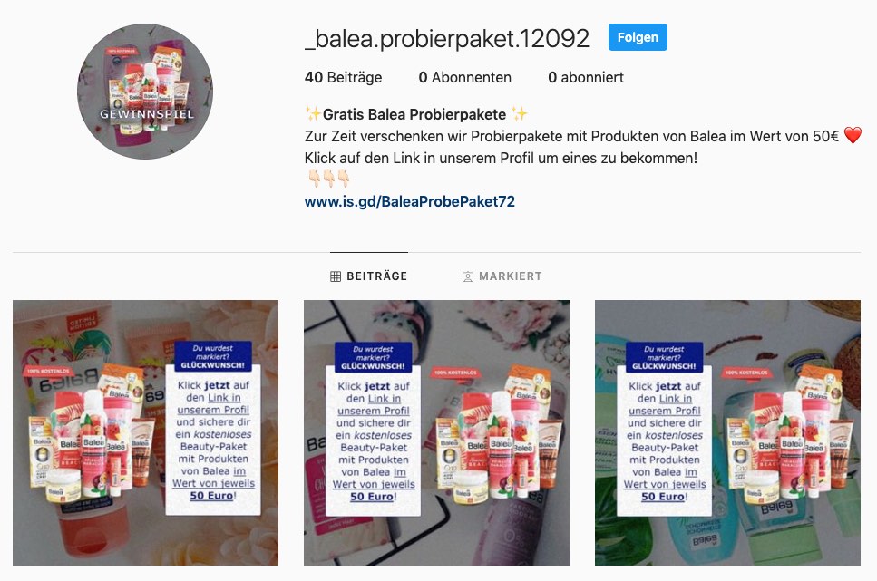 2020-06-23 Instagram Fake-Gewinnspiel Gratis Balea Probierpakete