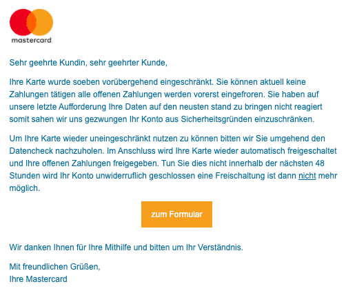 2020-06-25 Mastercard Spam Fake-Mail Einschraenkung Ihrer Karte