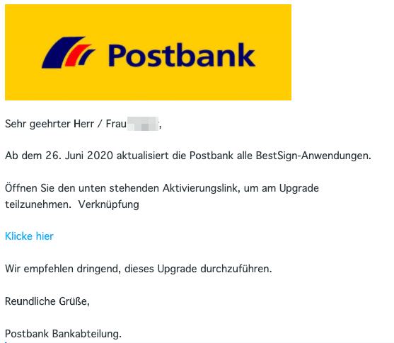 2020-06-26 Postbank Spam Fake-Mail Aktiviere deinen account