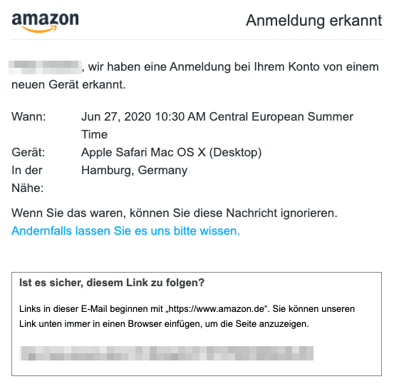 2020-06-29 Amazon E-Mail Amazon-Sicherheitsalarm- Anmeldung erkannt