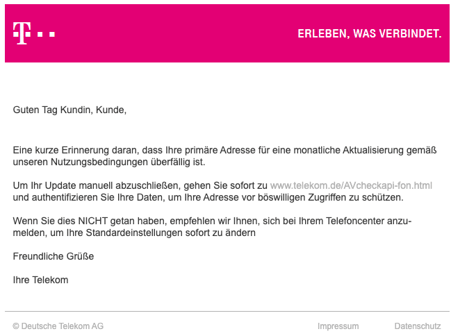 2020-06-29 Telekom Spam Fake-Mail Letzte Erinnerung E-Mail-Bestaetigung empfohlen