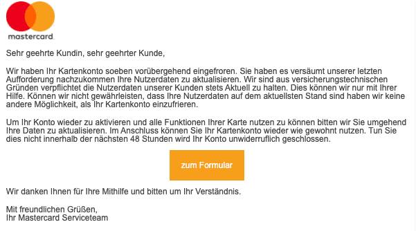 2020-07-03 Mastercard Spam Fake-Mail Ihr Kartenkonto wurde aus versicherungstechnischen Gruenden eingefroren