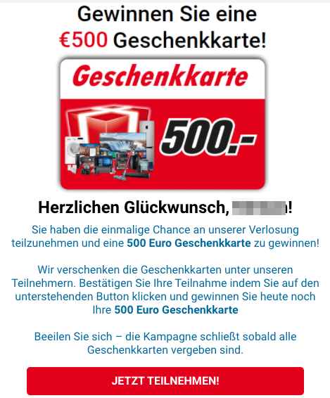 2020-07-10 Media Markt Spam Fake Gewinnen Sie Einen 500 EURO Geschenkkarte