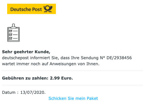 2020-07-14 Deutsche Post Spam Fake-Mail Paket Porto Abofalle