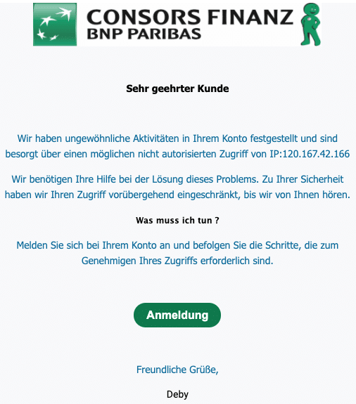 2020-07-17 Consors Finanz Spam-Mail Wir haben ungewoehnliche Aktivitaeten in Ihrem Konto festgestellt