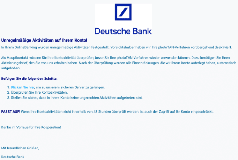 Deutsche Bank Phishing aktuell Diesen FakeMails dürfen Sie nicht trauen
