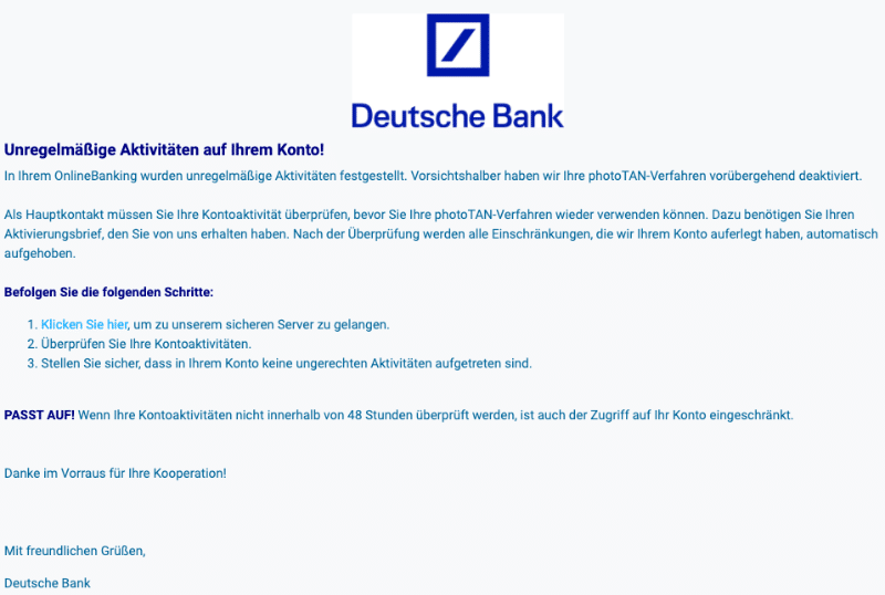 2020-07-20 Deutsche Bank Spam-Mail Fake Verdacht auf unbefugten Zugriff auf Ihr Konto