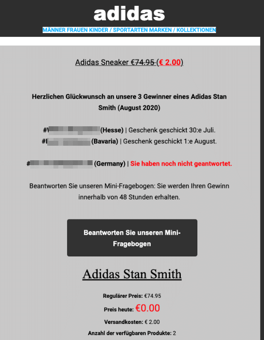 2020-08-07 Adidas Spam Fake-Mail Wir haben Ihren Adidas Stan Smith Sneaker genehmigt