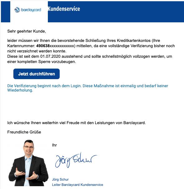 2020-08-17 Barclaycard Spam Fake-Mail Mitteilung über die anstehende Sperrung Ihres Kontos