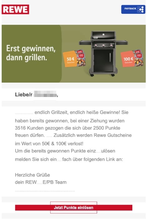 2020-09-04 REWE Payback Spam Fake-Mail Geschenkt Jetzt 2500 Punkte einloesen