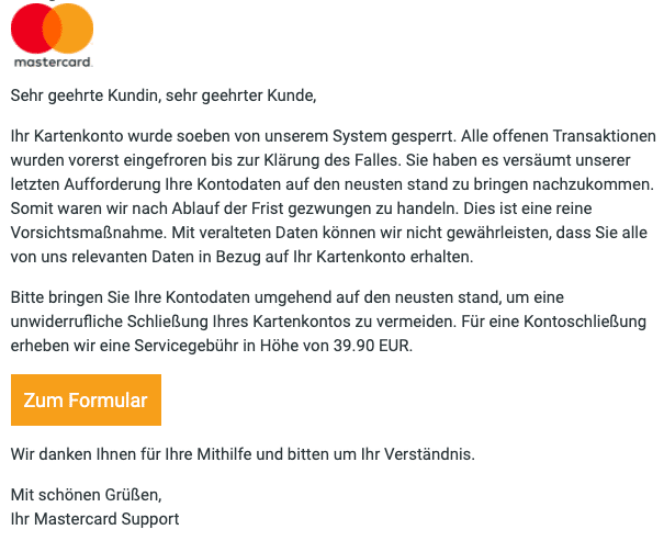 2020-07-07 MasterCard Spam-Mail Ihr Konto wird in kuerze geschlossen