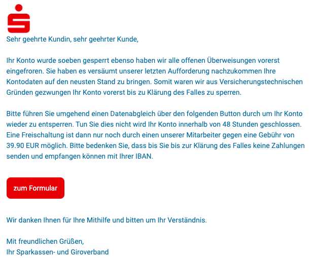 2020-07-08 Sparkasse Spam-Mail Fake Ihr Konto wurde soeben gesperrt