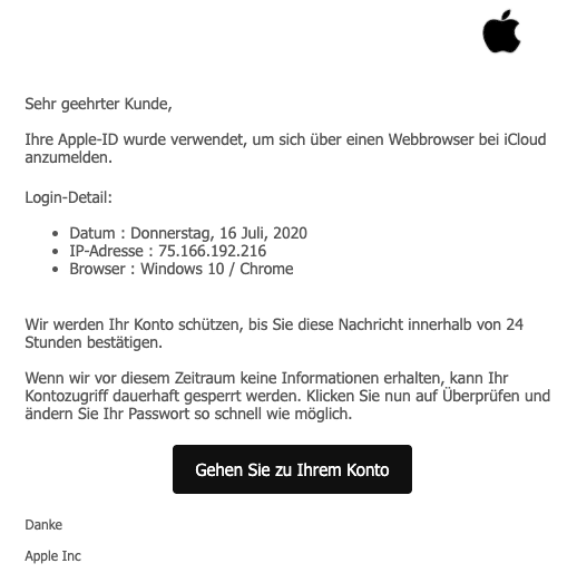 2020-07-17 Apple Spam-Mail Ihre Apple-ID wurde aus Sicherheitsgruenden gesperrt