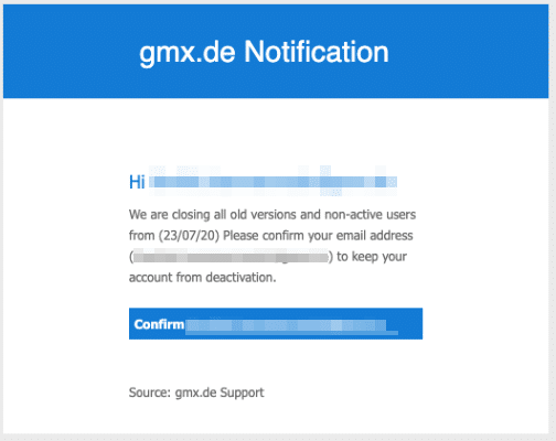 2020-07-21 GMX Spam Phishing-Mail Confirm Email To Avoid Deactivation