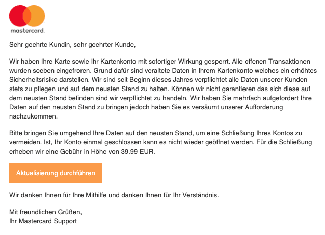 2020-07-22 Mastercard Phishing-Mail Spam Schliessung Ihres Kartenkontos