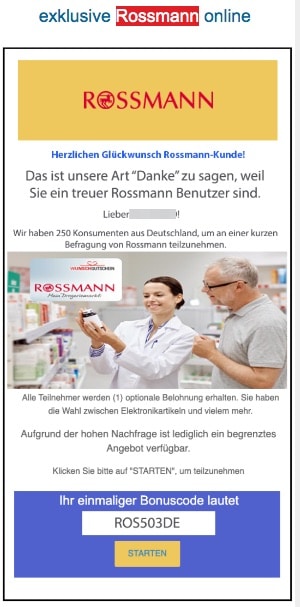 2020-07-27 Rossmann Spam-Mail Fake Wir haben eine Ueberraschung für Rossmann Shopper