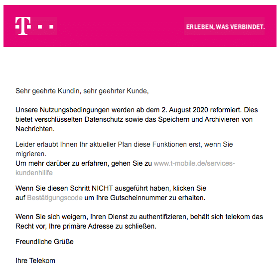 2020-08-02 Telekom Spam Fake-Mail Bestaetigung erforderlich